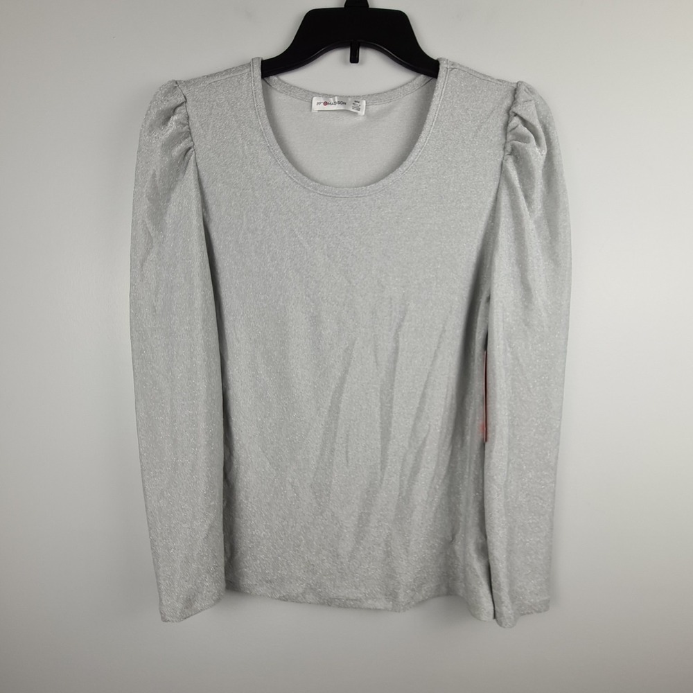 89th & Madison Blouse Womens Size M Silver Long Puff Sleeve Pullover Top‎ Shiny